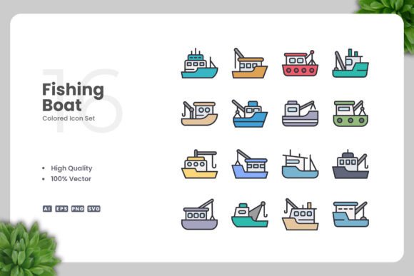Fishing Boat Colored Icons for Versatile Design Projects